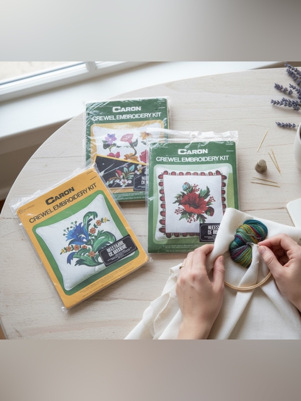 Vintage Caron Crewel‎ Embroidery Kit Lot of 3 Floral Pillow Kits New in Package